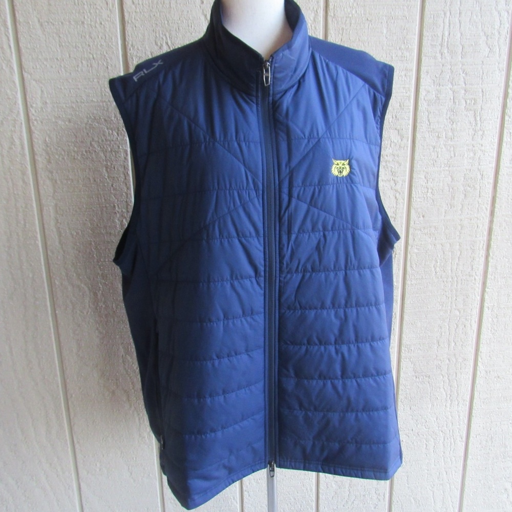 RLX Ralph Lauren Mens Navy Blue Wild Cat Logo Zip Pockets Vest XXL Wildcat Wool